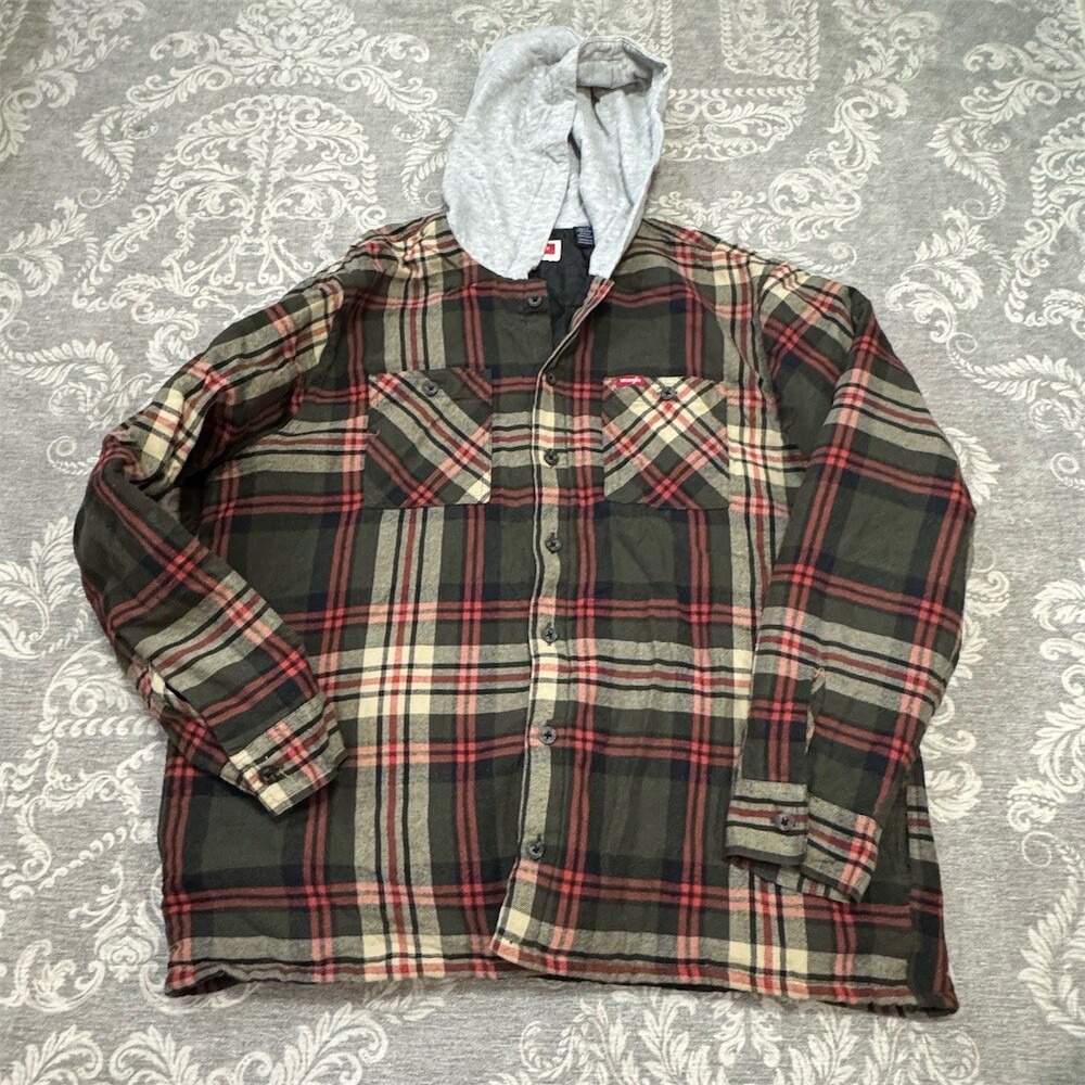 Wrangler Shirt Jacket Mens XL Hooded Quilted Lined Plaid Green Red